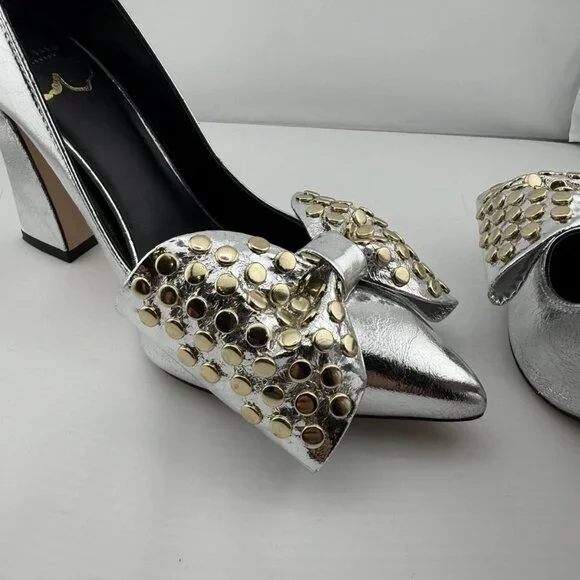 Ted Baker London Metallic Silver Studded Bow Heels - Picture 16 of 16